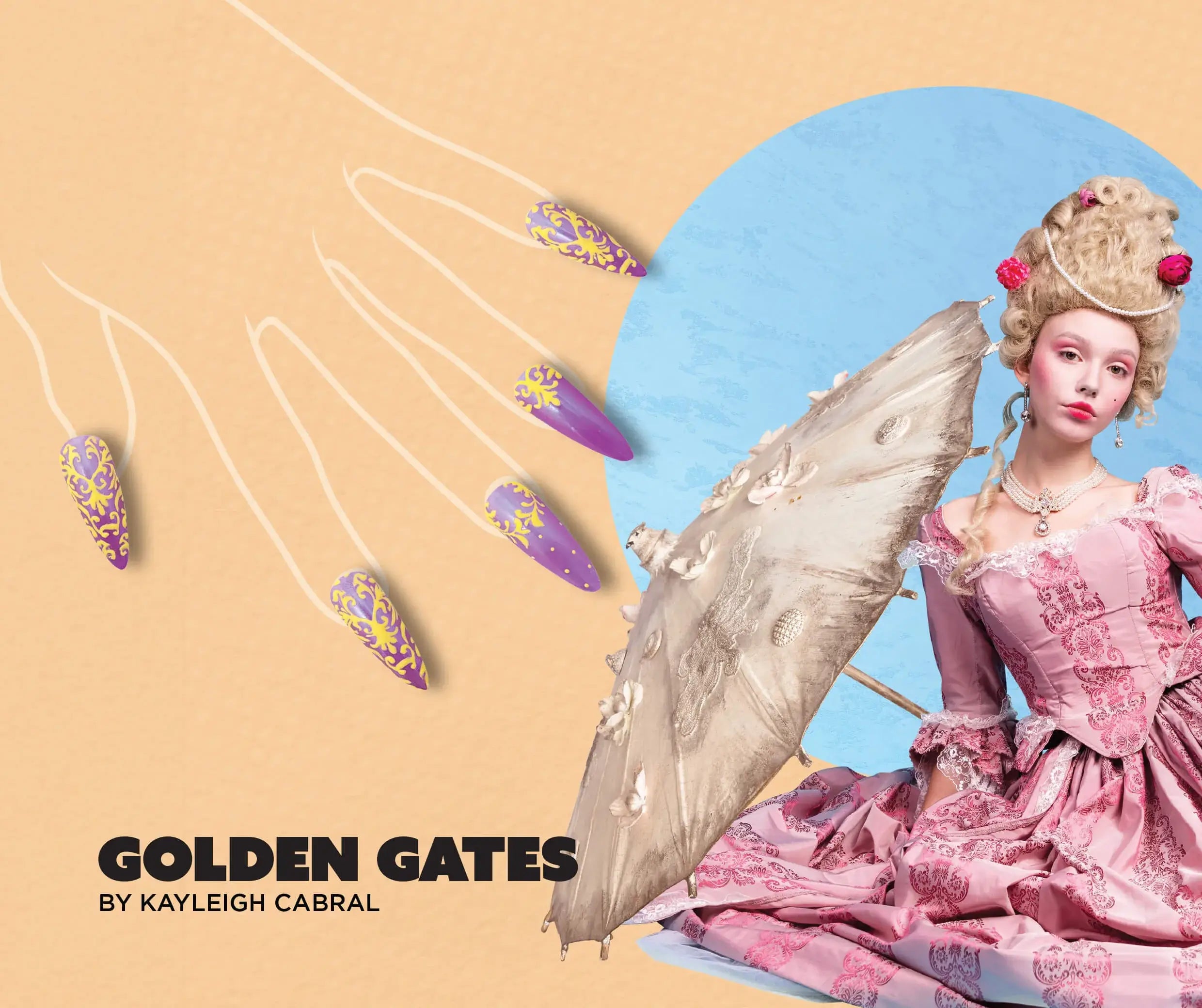 CND Summer 2025 Summer Guide Nail Art "Golden Gates' by CND Ambassador Kayleigh Cabral. Woman in a vintage pink dress with decorative elements and 'Golden Gates by Kayleigh Cabral' text.