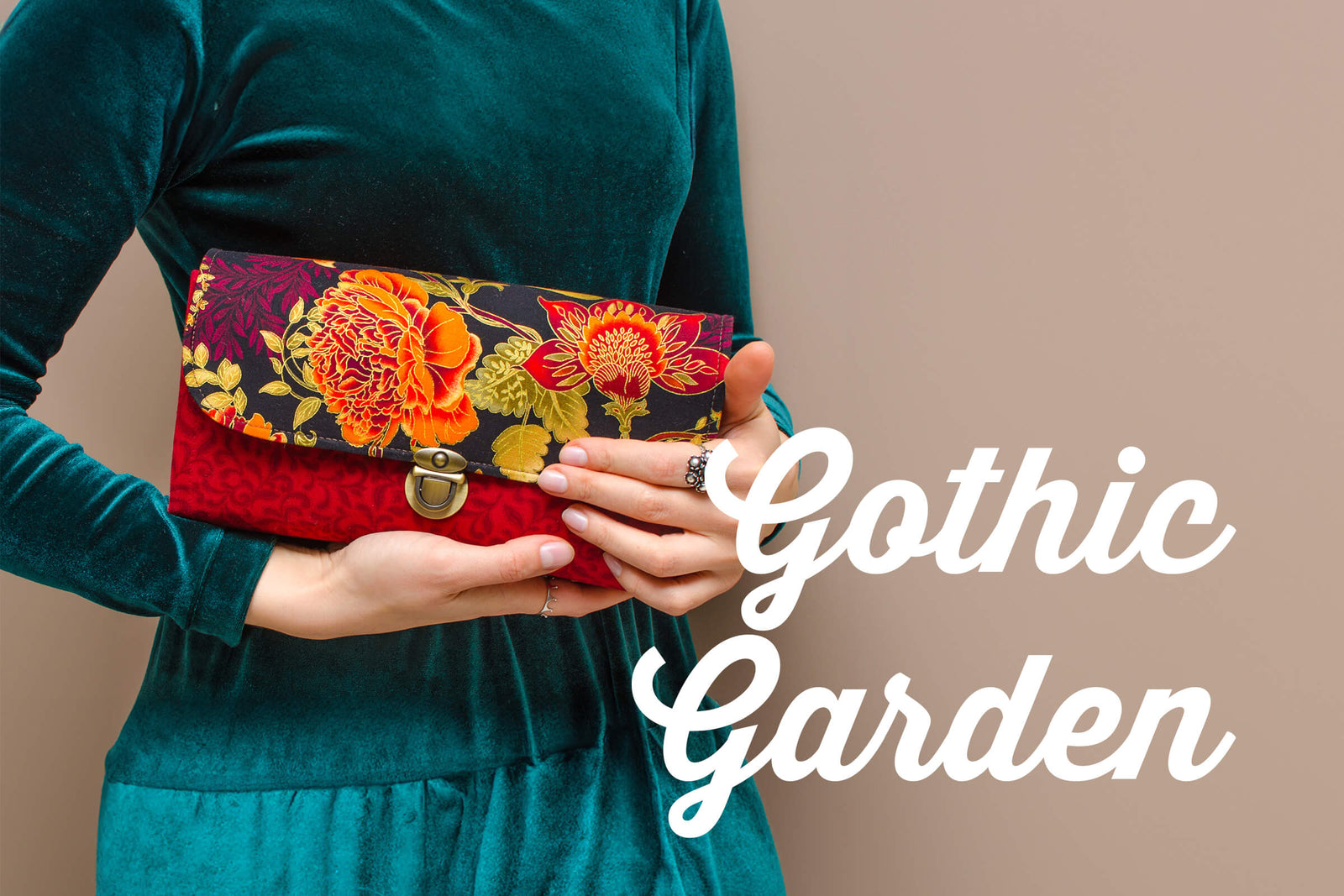 CND Fall Guide 2025 for Gothic Garden Nail Art. Person holding a floral clutch with 'Gothic Garden' text on a beige background