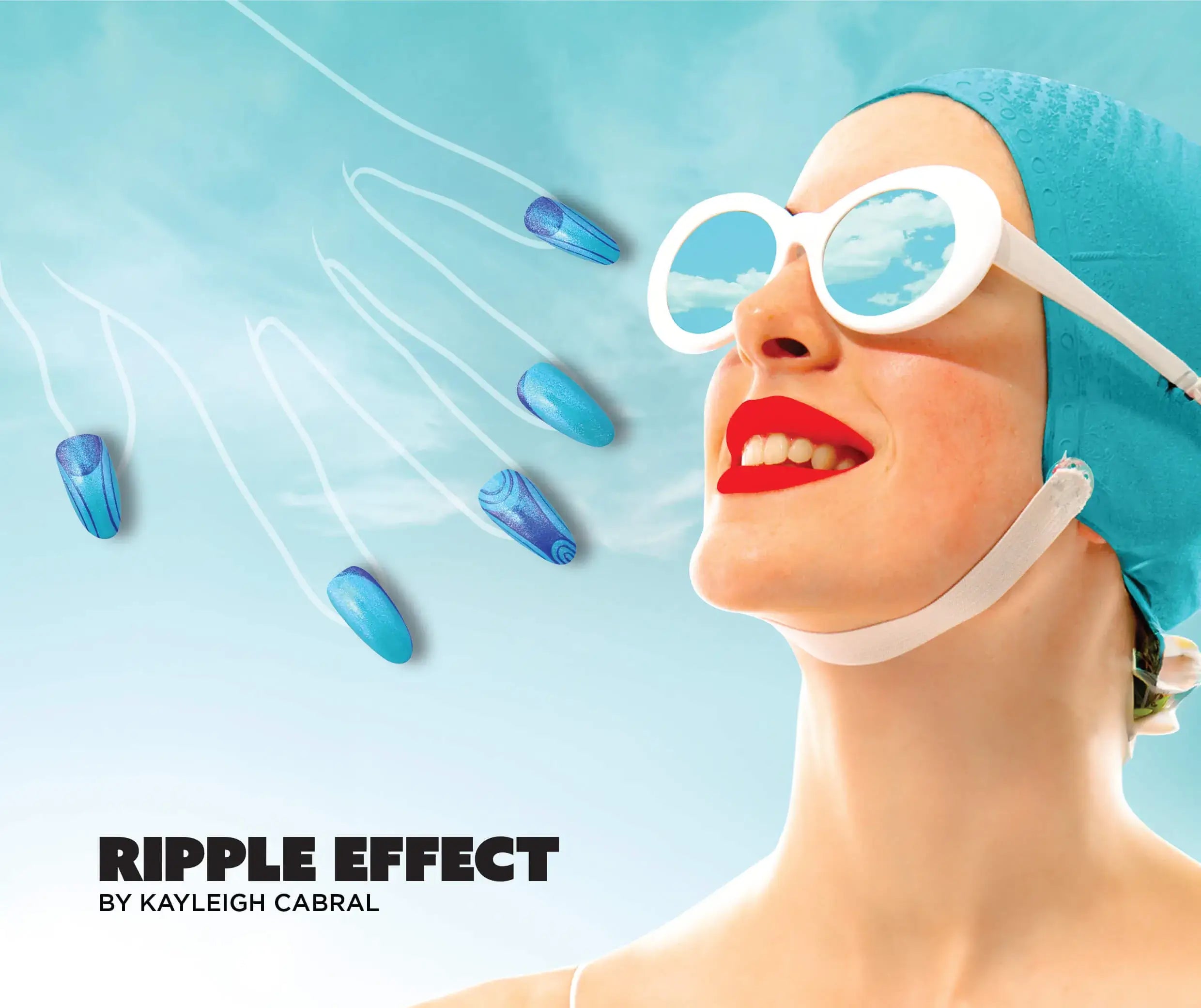 CND Summer 2025 Summer Guide Nail Art 'Ripple Effect' by CND Ambassador Kayleigh Cabral. Woman wearing goggles and a blue cap on a light blue background, featuring the text 'Ripple Effect by Kayleigh Cabral'.