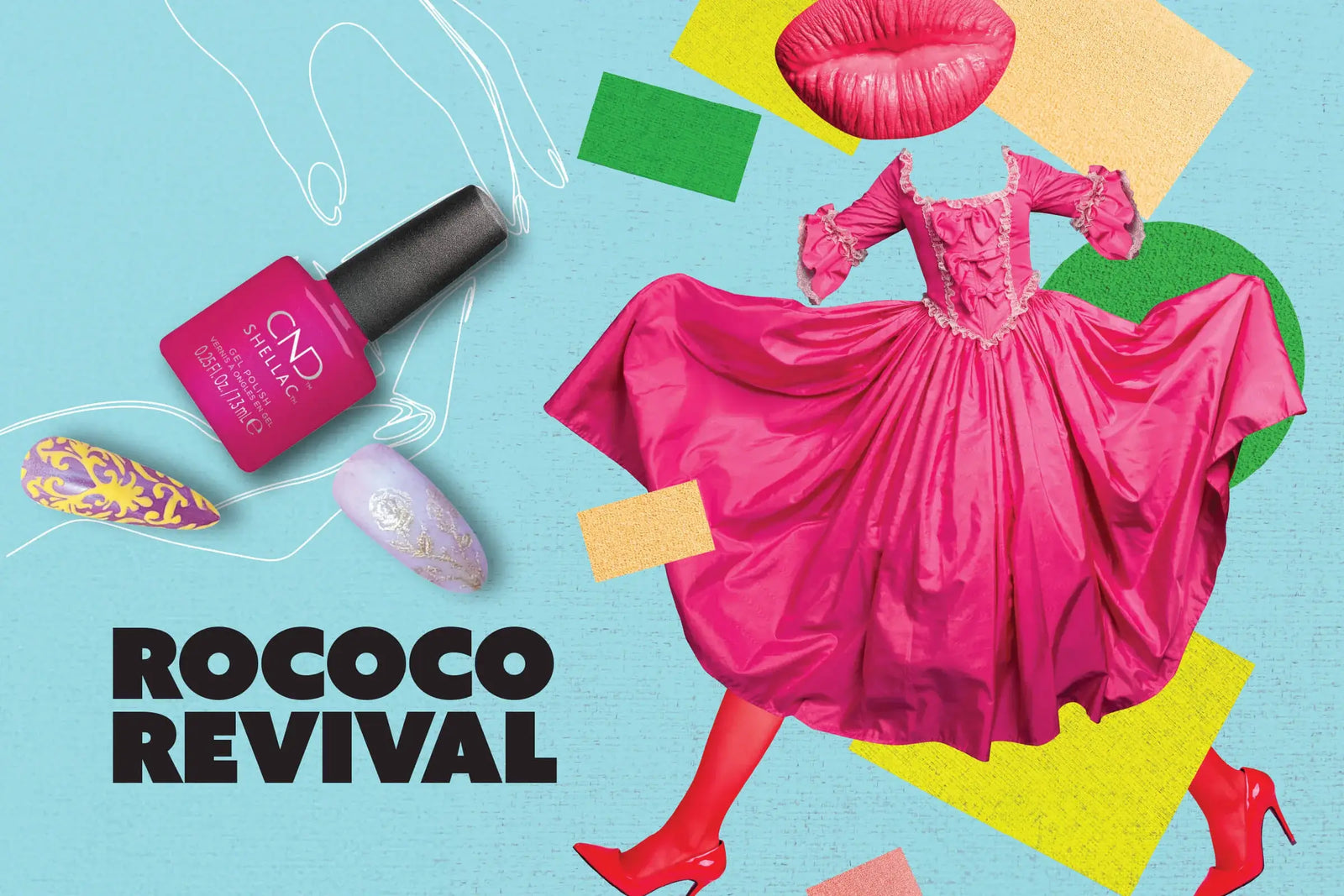 CND Summer 2025 Summer Guide Rococo Revival. Pink dress, nail polish, and high heels on a colorful background with 'Rococo Revival' text.