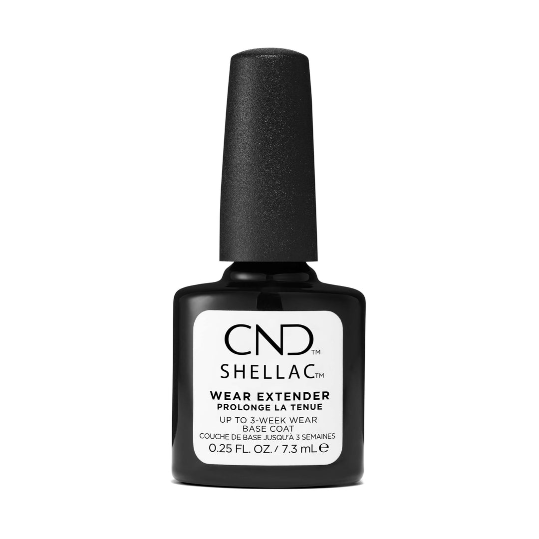 A bottle of CND SHELLAC Wear Extender Base Coat, black in color, with a white label.