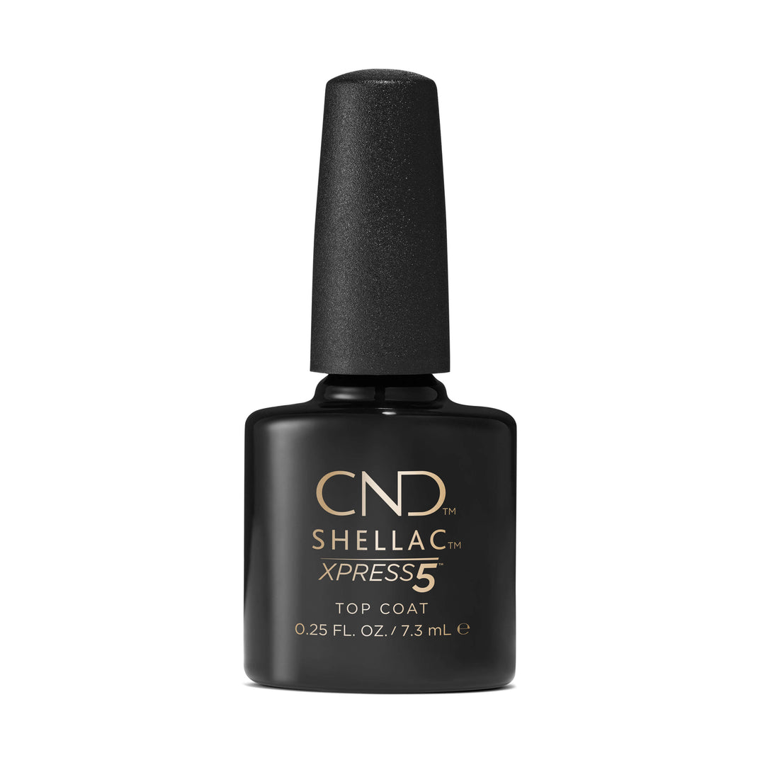 A bottle of SHELLAC XPRESS5 Top Coat, a nail polish product by CND, with a black cap and a gold label.