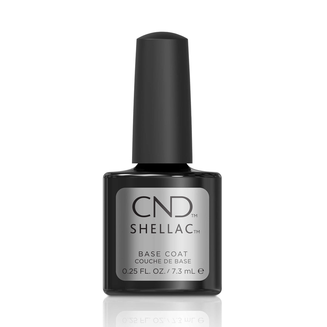 CND Shellac Base Coat, 0.25 fluid ounces / 7.3ml. A bottle of SHELLAC Base Coat nail polish by CND, with a black cap and label.