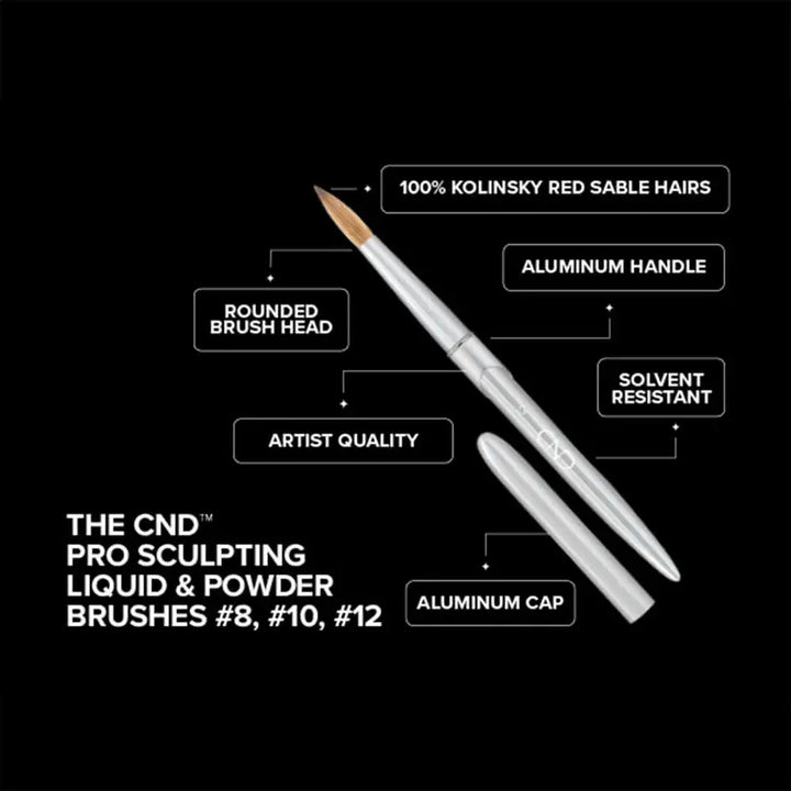 CND Pro Sculpting Liquid & Powder Brushes with features listed on a black background. Features include a rounded brush head made with 100% olinsky Red Sable Hairs, a lightweight aluminum handle, an artist-quality nail brush, a solvent-resistant finish, and an aluminum cap for storage when not in use.