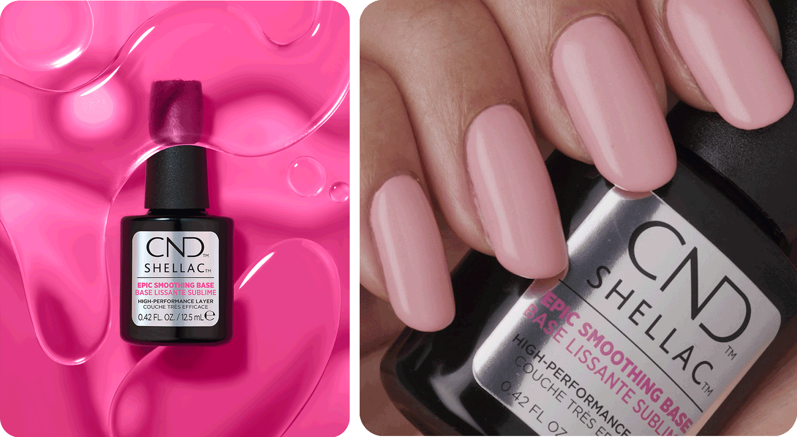 Image of CND SHELLAC EPIC SMOOTHING BASE in clear gel against a pink glass on the left and moving image of manicured light pink or nude nails holding a bottle of CND SHELLAC EPIC SMOOTHING BASE.