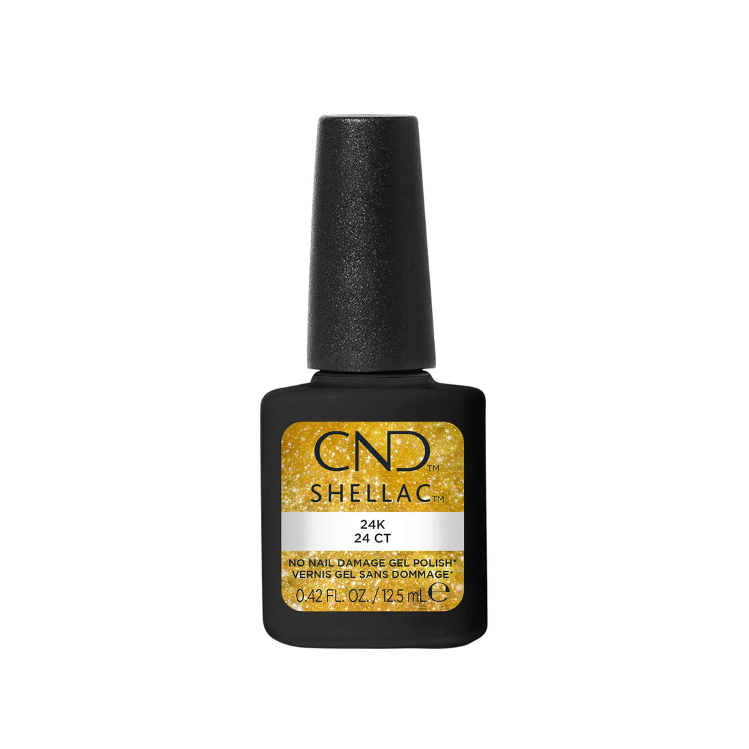 Bottle of CND SHELLAC 24K in 0.5 fl oz from the Glittercore Collection.