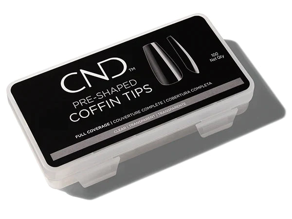 A 100-count package of CND Pre-Shaped Coffin Tips for nail art and applications