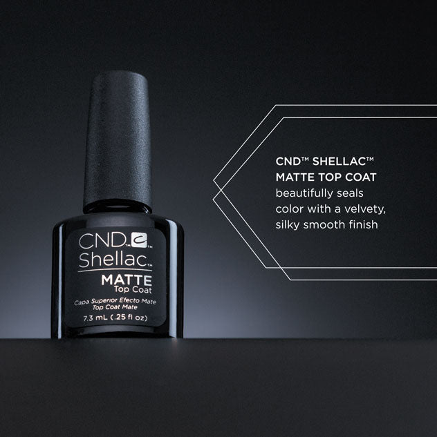 CND SHELLAC Matte Top Coat beautifully seals color with a velvety, silky smooth finish.