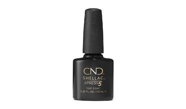 A bottle of SHELLAC XPRESS5 Top Coat, a nail polish product by CND, with a black cap and a gold label.