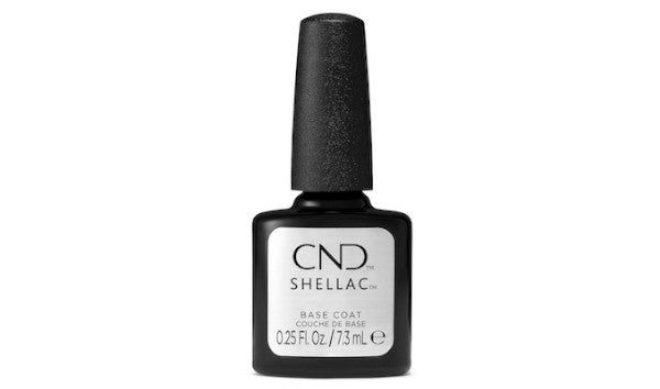 CND Shellac Base Coat, 0.25 fluid ounces / 7.3ml. A bottle of SHELLAC Base Coat nail polish by CND, with a black cap and label.