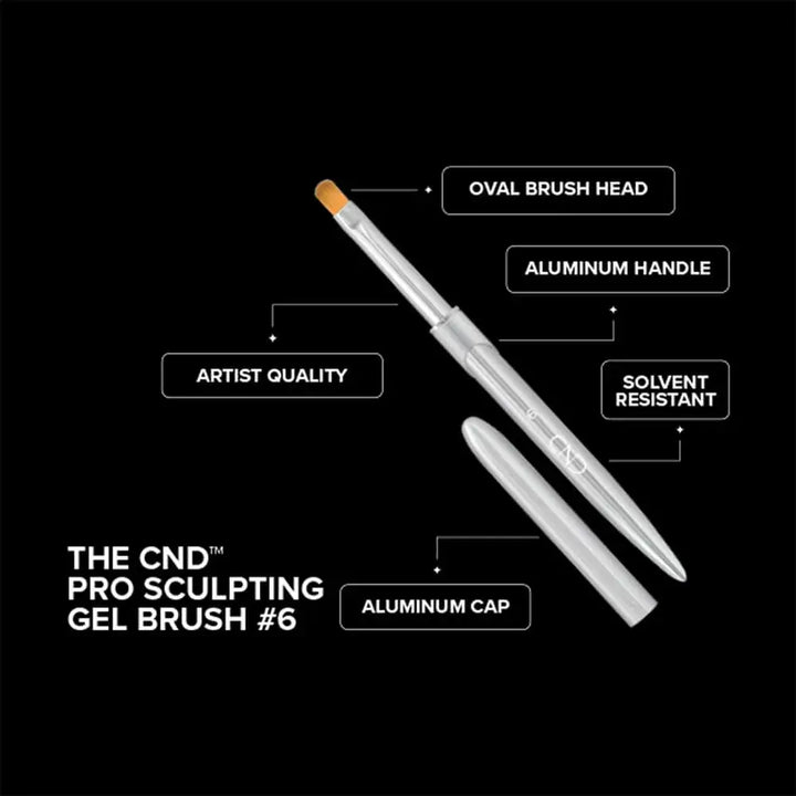 CNK Pro Sculpting Gel Brush #6 with features labeled on a black background. Features include an artist-quality brush, oval brush-head, lightweight aluminum handle, solvent-resistant finish, and aluminum cap. 