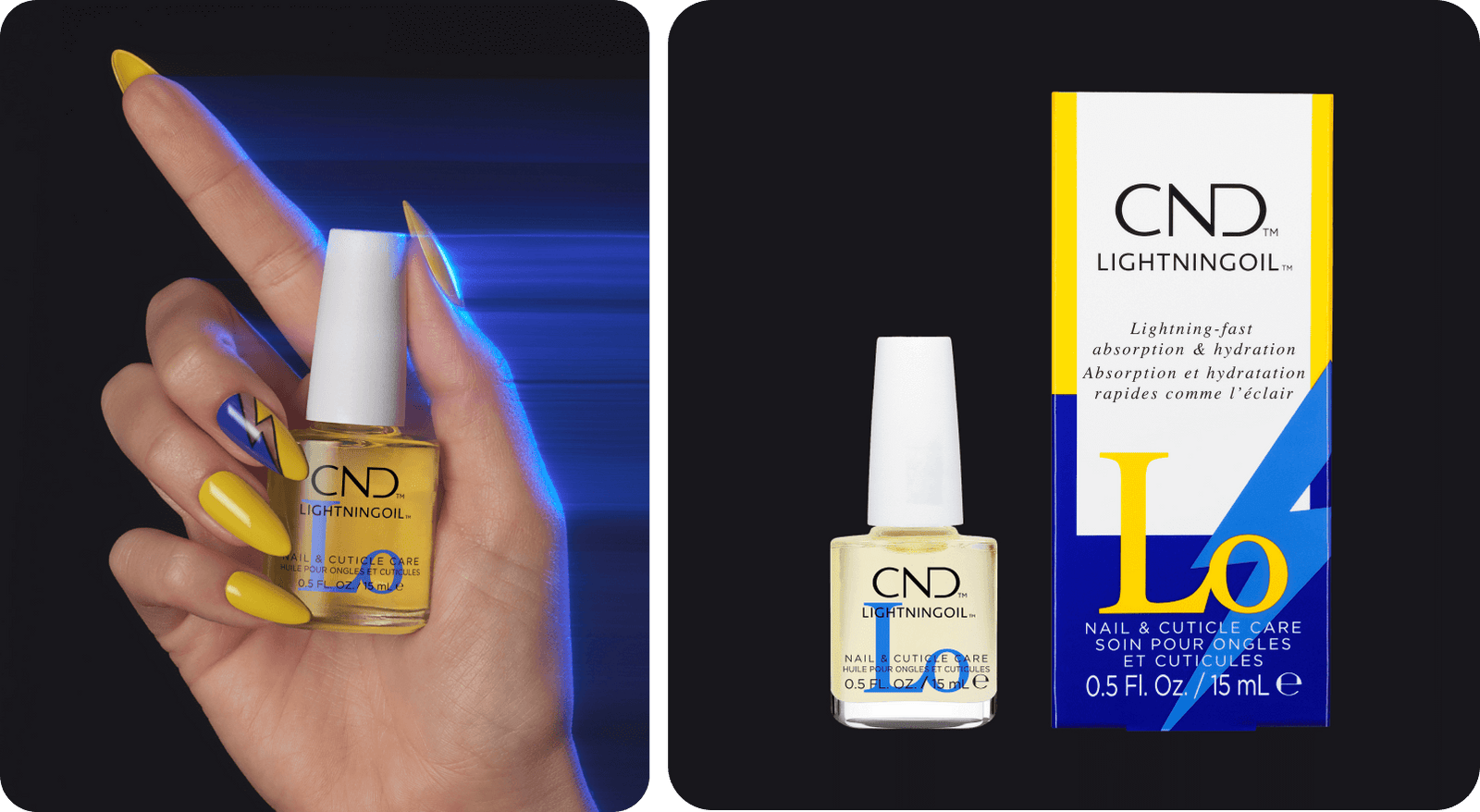 Image on the left contains a CND LightningOil nail treatment bottle held in the palm of a hand with yellow and blue painted nails. The middle finger features a lightning shaped nail art outline. 

The image on the right contains a bottle of CND LIGHTNINGOIL next to the packaging of CND LIGHTNINGOIL. On the front of the package it says Lightning-Fast Absorption & Hydration, as well as Nail & Cuticle Care. 