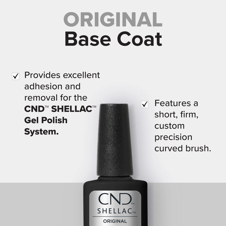 CND SHELLAC Original Base Coat provides excellent adhesion and removal for the CND SHELLAC Gel Polish System and features a short, firm, custom precision curved brush. 