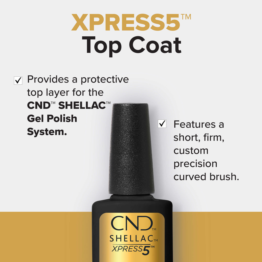 CND SHELLAC XPRESS5 Top Coat provides a protective layer for the CND SHELLAC Gel Polish System and features a short, firm, custom precision curved brush. 