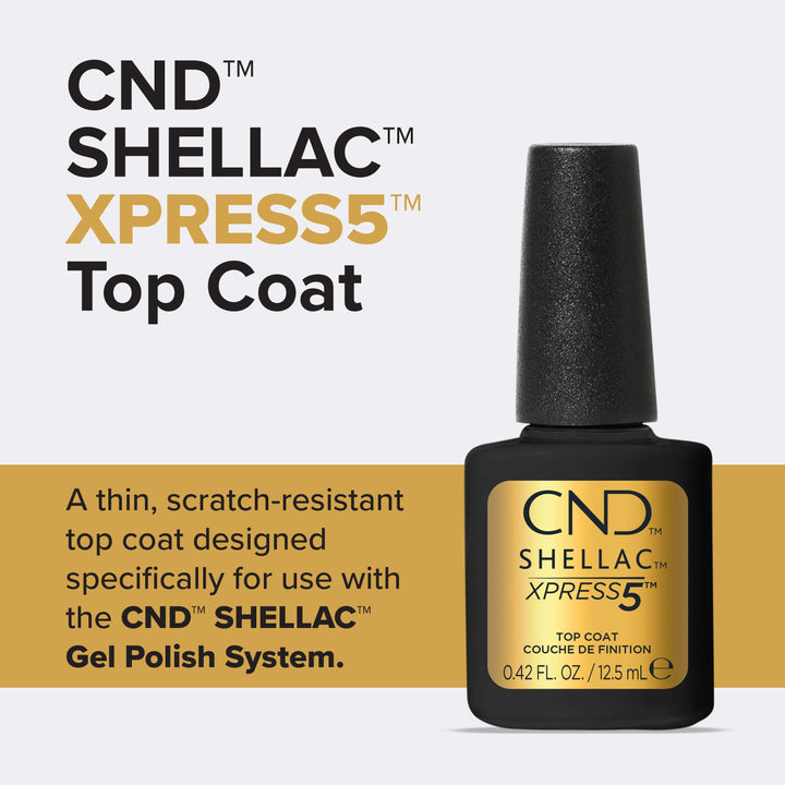 CND SHELLAC XPRESS5 Top Coat is a thin, scratch-resistant top coat designed for use with the CND SHELLAC Gel Polish System. 