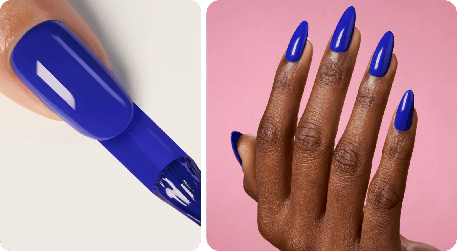 The image on the left shows a blue nail on a finger with a streak of blue nail polish extending from the nail to a brush head on the lower right part of this image.

The image on the right shows a hand with blue nails on a pink background