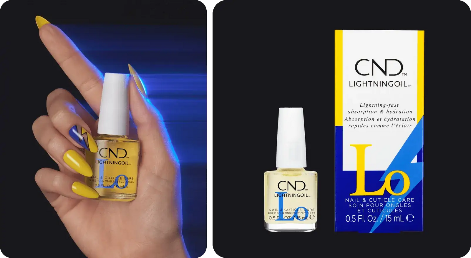 Introducing CND Lightning Oil, a new nail serum that offers lightning-fast absorption and hydration for the nail bed. On the left the image includes a manicured female hand with long blue yellow nail tips on each finger holding a bottle of CND Lightning Oil. The middle finger of this hand has a clear lightning shaped nail art. 

On the right side of the image is a flat visual of a bottle of CND Lightning Oil next to the packaging on the box.