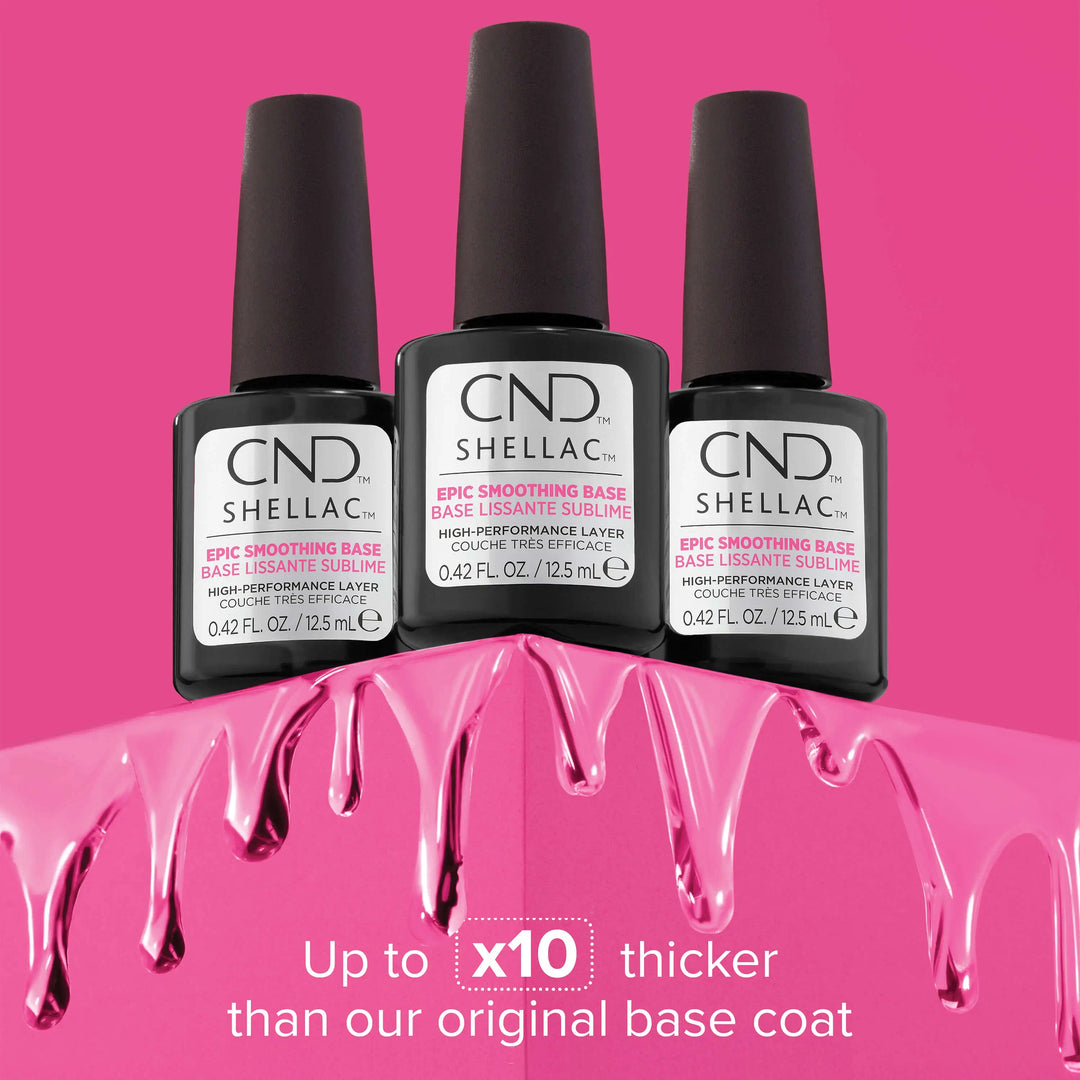 Three bottles of CND SHELLAC EPIC SMOOTHING BASE on a pink background with nail polish dripping. Text below reads "up to x10 thicker than our original base coat". 