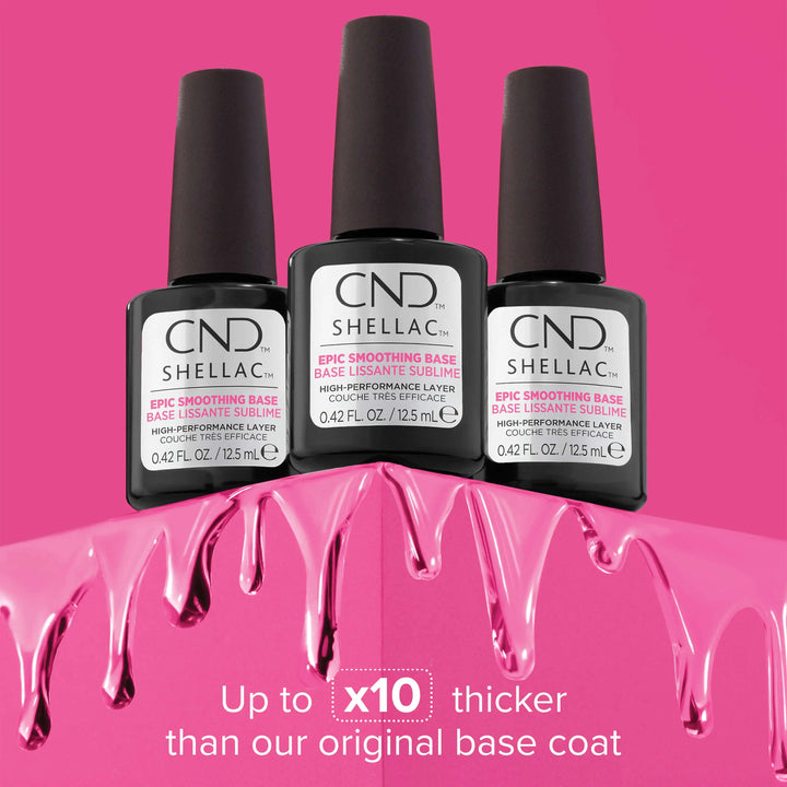 Three bottles of CND SHELLAC EPIC SMOOTHING BASE on a pink background with nail polish dripping. Text below reads "up to x10 thicker than our original base coat". 
