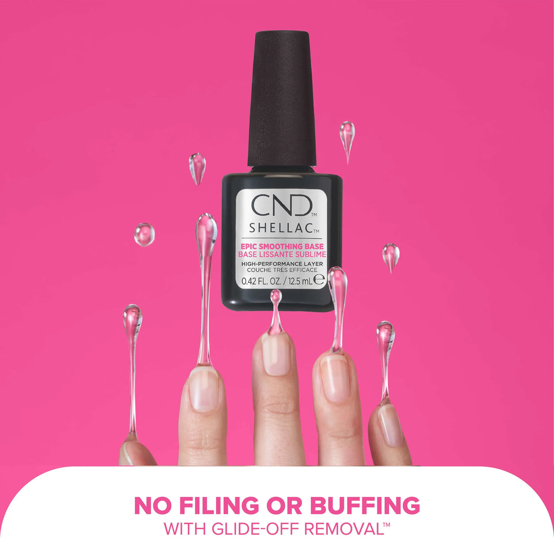 CND SHELLAC EPIC SMOOTHING BASE bottle ona pink background and text about no filing or buffing.