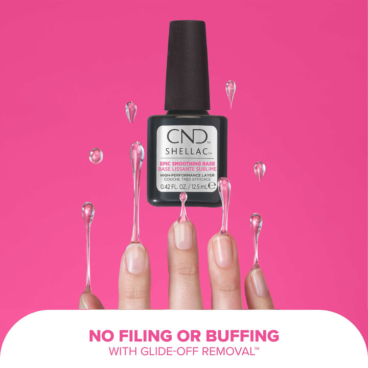CND SHELLAC EPIC SMOOTHING BASE bottle ona pink background and text about no filing or buffing.