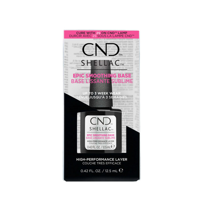 CND Shellac Epic Smoothing Base nail polish bottle with packaging on a white background