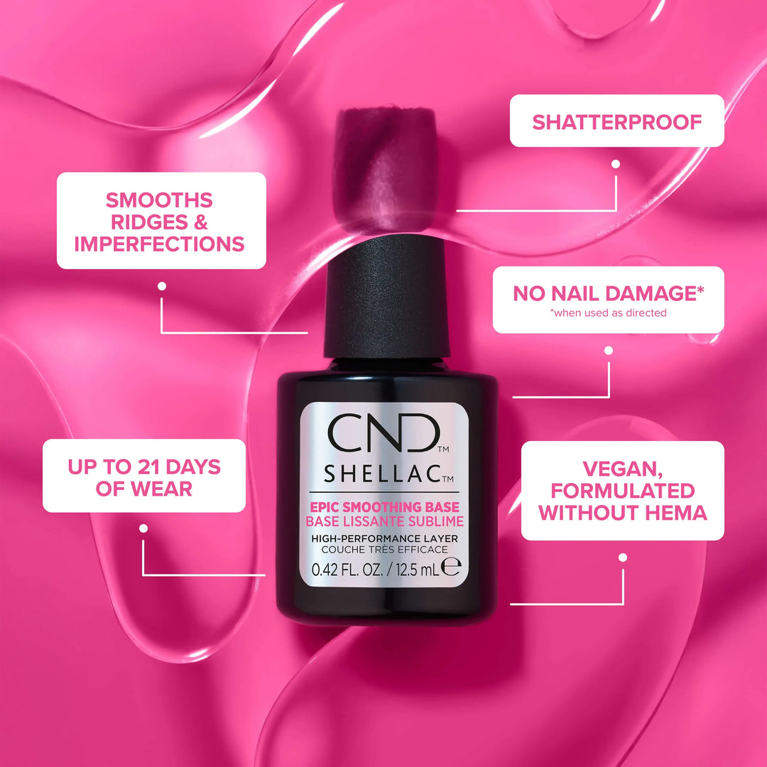 CND Shellac nail polish bottle with features on a pink background. Features include smoothes ridges & imperfections, shatterproof, no nail damage when used as directed, vegan, formulated without HEMA and up to 21 days of wear.