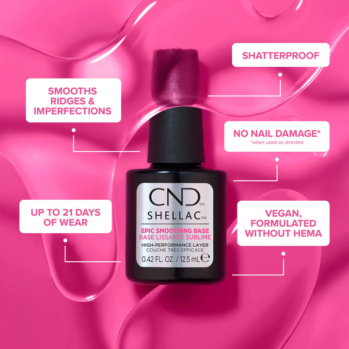 CND Shellac nail polish bottle with features on a pink background. Features include smoothes ridges & imperfections, shatterproof, no nail damage when used as directed, vegan, formulated without HEMA and up to 21 days of wear.