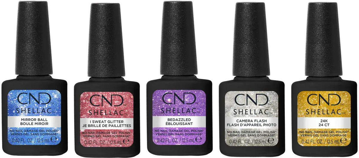 Lineup of CND SHELLAC Glittercore, from left to right, Mirror Ball, I Sweat Glitter, Bedazzled, Camera Flash, and 24K. 