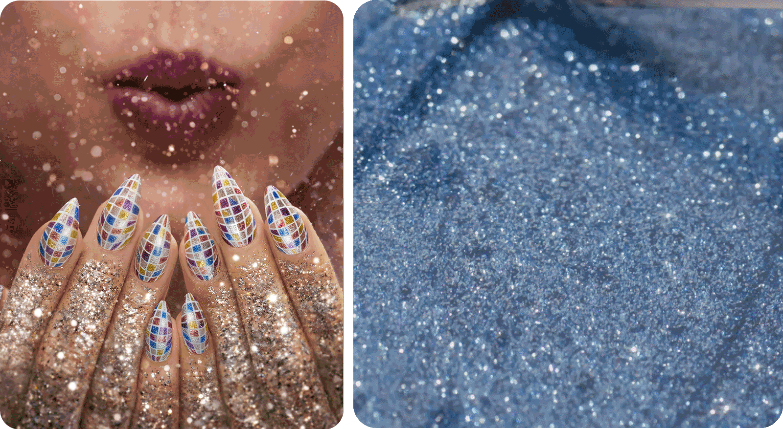 Image of model with nail art from CND SHELLAC GLITTERCORE SKUS blowing glitter onto frame on the left and moving image of brush stroke through bluish glittery nail color and yellow gold glittery nail color.